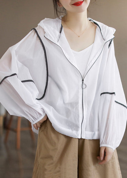Style White Hooded Zippered Cotton Upf 50+ Coat Jacket Long Sleeve