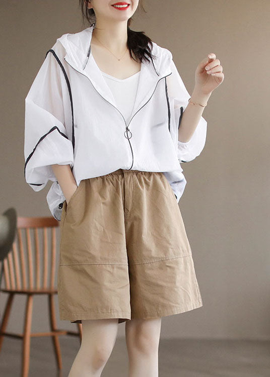 Style White Hooded Zippered Cotton Upf 50+ Coat Jacket Long Sleeve