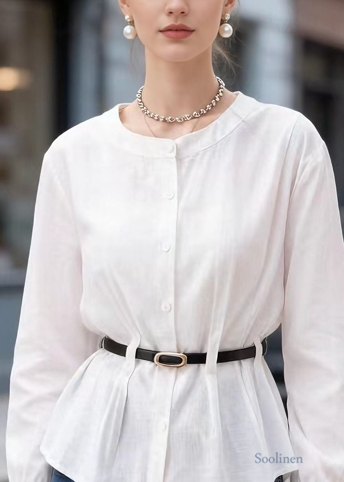 Style White O Neck Button Sashes Cotton Top Spring