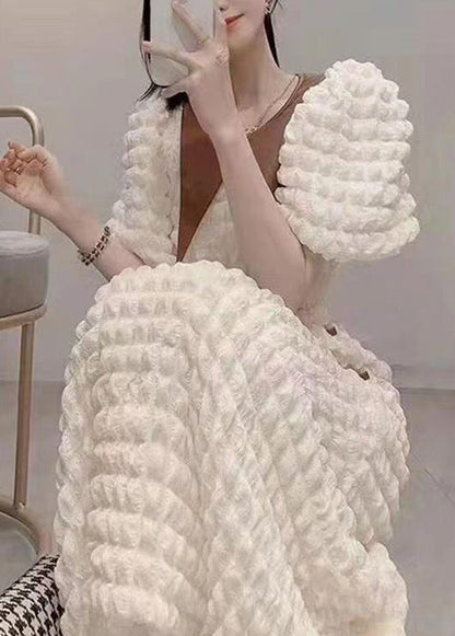 Style White O-neck Faux Leather Patchwork High Waist Long Dresses Puff Sleeve