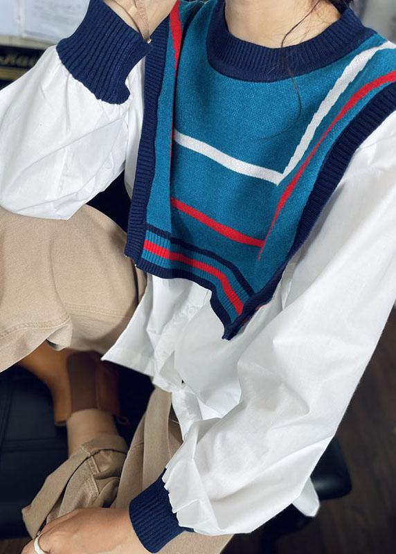 Style White Patchwork Knit Button Fall Tops Long sleeve