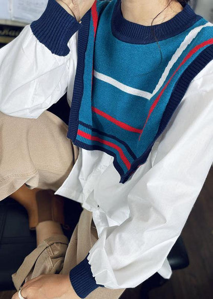 Style White Patchwork Knit Button Fall Tops Long sleeve