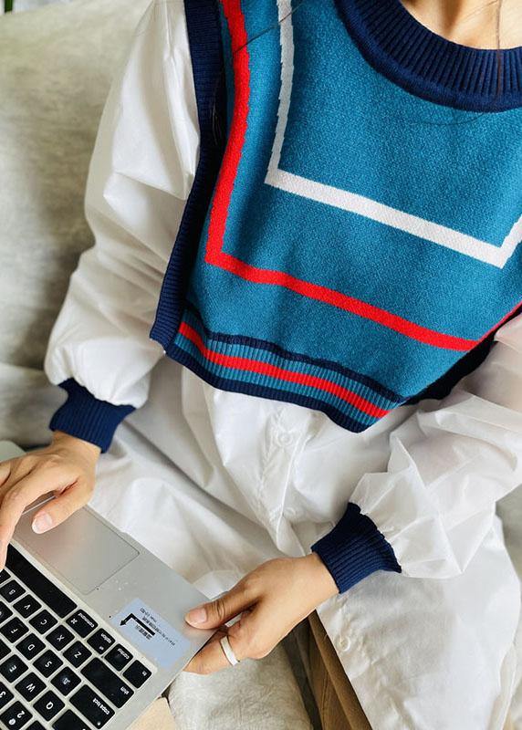 Style White Patchwork Knit Button Fall Tops Long sleeve