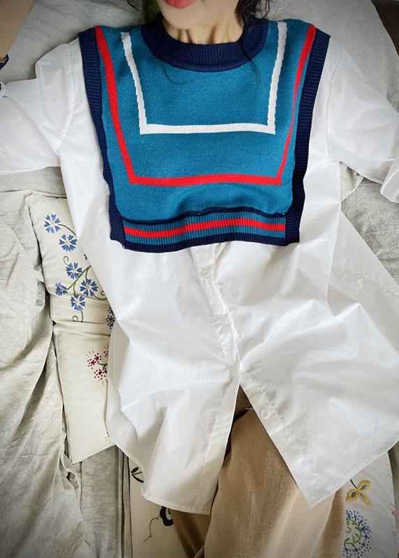 Style White Patchwork Knit Button Fall Tops Long sleeve