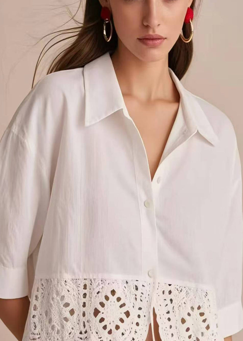 Style White Peter Pan Collar Patchwork Lace Tops Half Sleeve