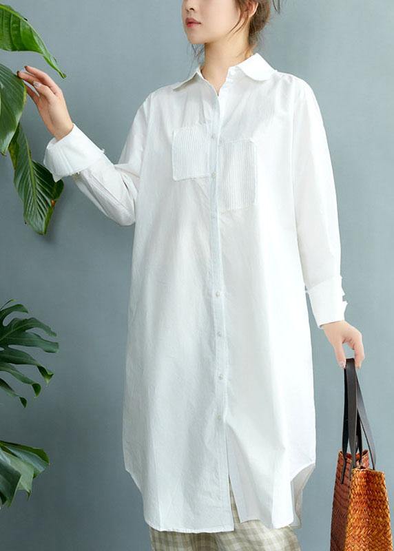Style White PeterPan Collar Pockets Button Fall Asymmetrical Design Shirt Tops Long Sleeve