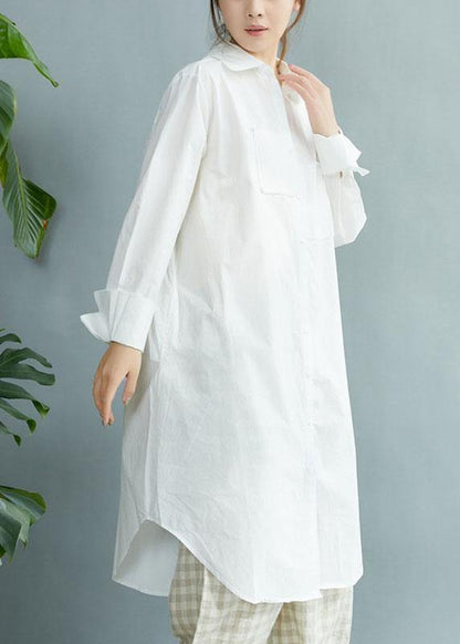 Style White PeterPan Collar Pockets Button Fall Asymmetrical Design Shirt Tops Long Sleeve