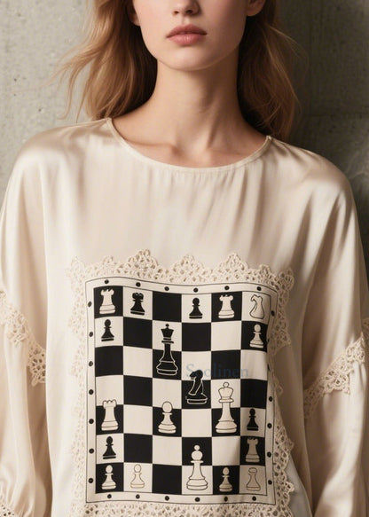 Style White Print Lace Patchwork Silk Top Bracelet Sleeve