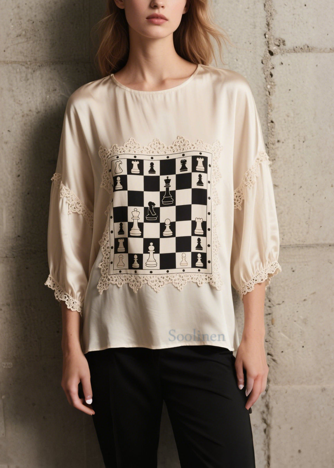 Style White Print Lace Patchwork Silk Top Bracelet Sleeve