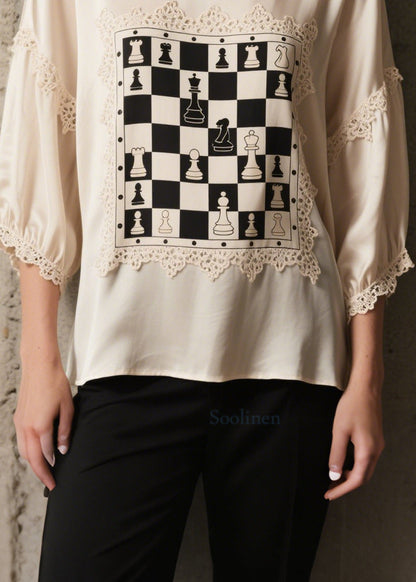 Style White Print Lace Patchwork Silk Top Bracelet Sleeve
