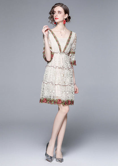 Style White Ruffled Embroideried Patchwork Lace Mid Dress Summer