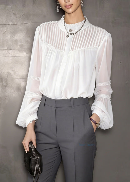 Style White Ruffled Patchwork Chiffon Shirts Lantern Sleeve