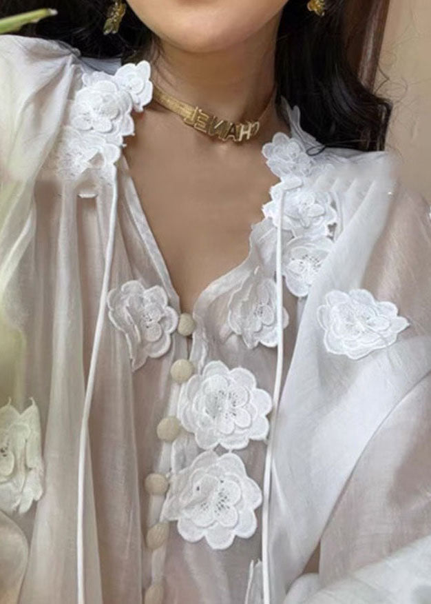 Style White V Neck Decorated Patchwork Silk Top Long Sleeve