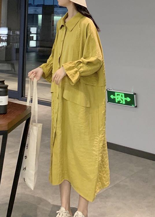 Style Yellow Dress Lapel Pockets Maxi Spring Dresses
