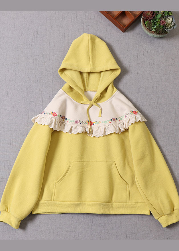 Style Yellow Hooded Patchwork Warm Fleece Sweatshirts Winter