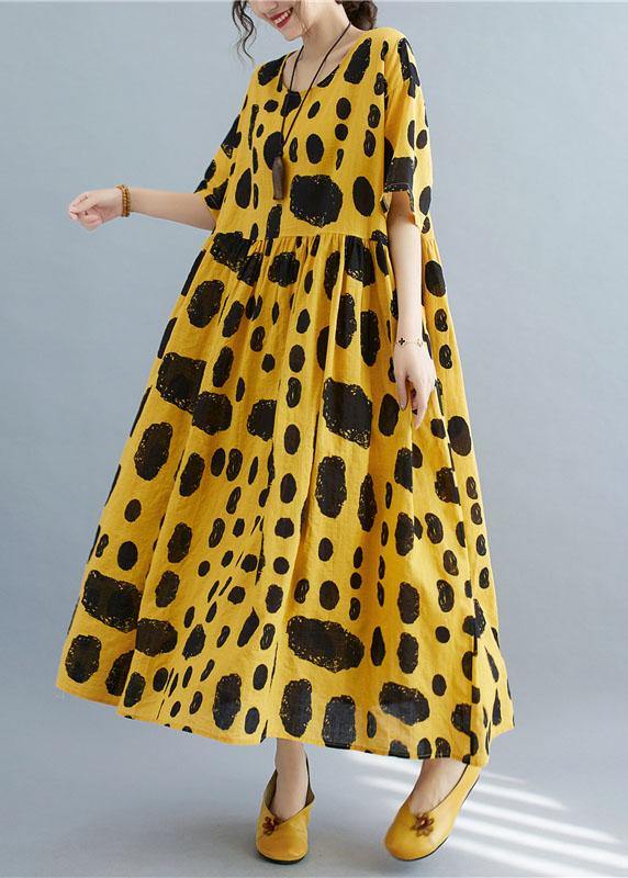 Style Yellow Loose O-neck Print Summer Cotton Dress Half Sleeve