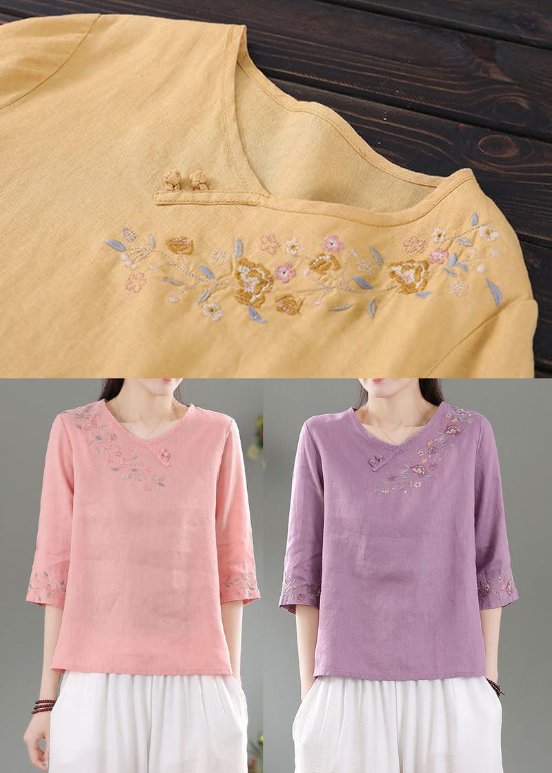 Style Yellow O-neck Embroideried Linen Top Three Quarter Sleeve