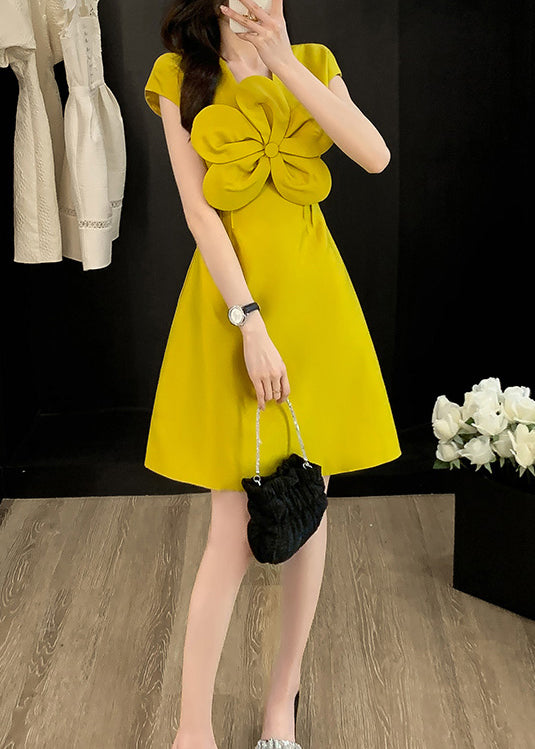Style Yellow O Neck Decorated Cotton Dress Summer
