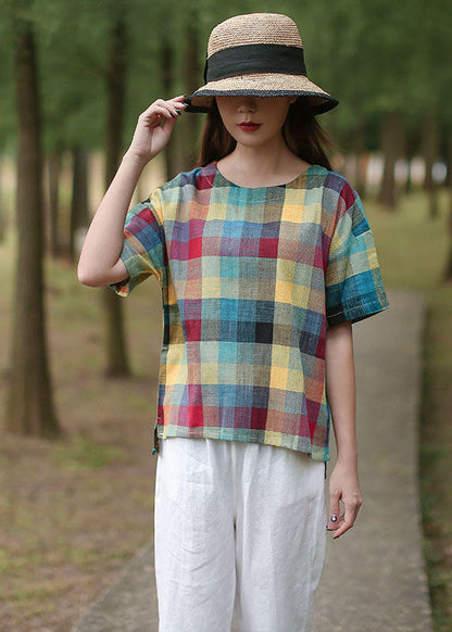 Style Yellow O-neck Plaid Cotton Top Short Sleeve
