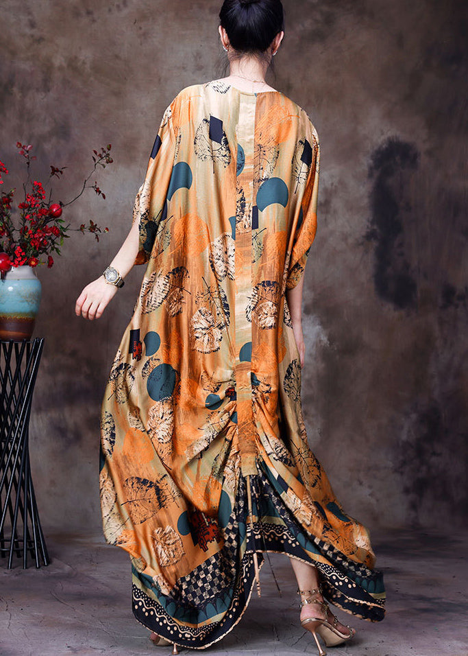 Style Yellow O-neck Wrinkled Print Silk Long Dress Half Sleeve