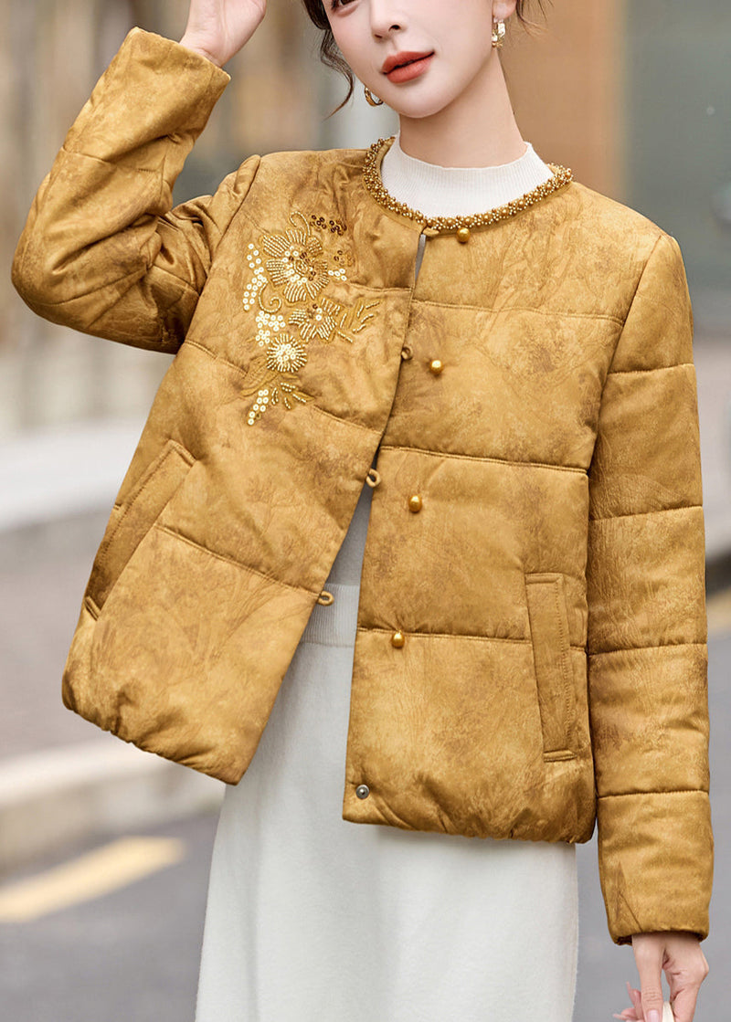 Style Yellow Sequins Embroidered Fine Cotton Filled Witner Coats
