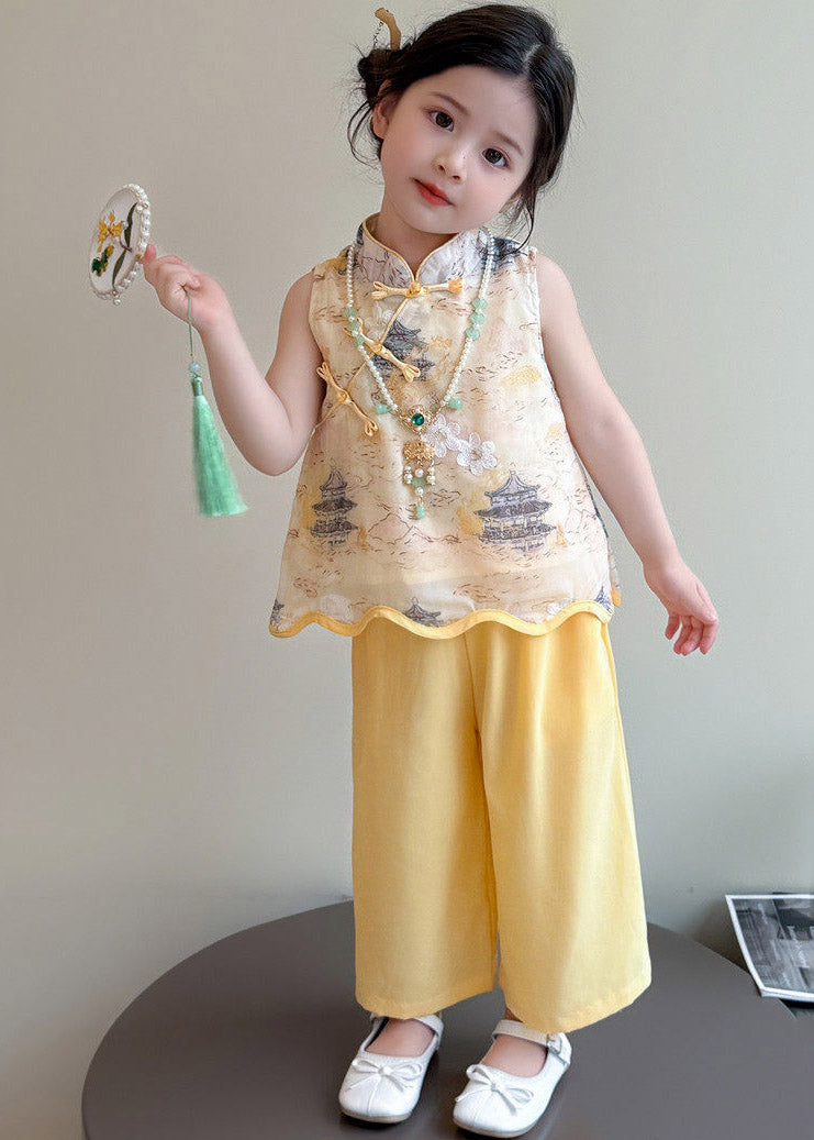 Style Yellow Stand Collar Print Top and Wide Leg Pants Two Pieces Set Sleeveless
