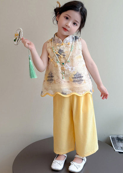 Style Yellow Stand Collar Print Top and Wide Leg Pants Two Pieces Set Sleeveless