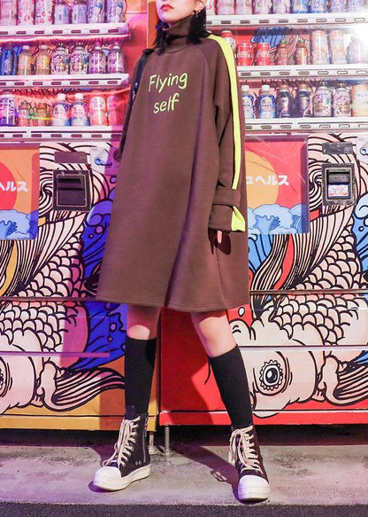 Style Alphabet Prints Cotton High Neck Quilting Clothes Shape Brown Dress