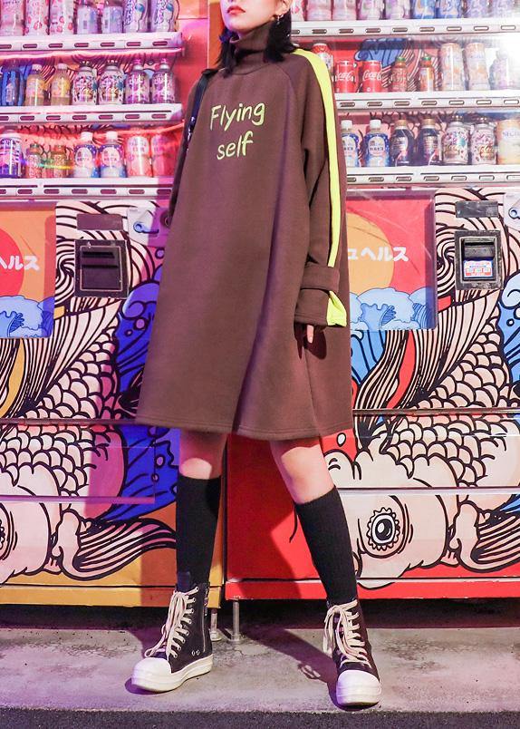 Style Alphabet Prints Cotton High Neck Quilting Clothes Shape Brown Dress