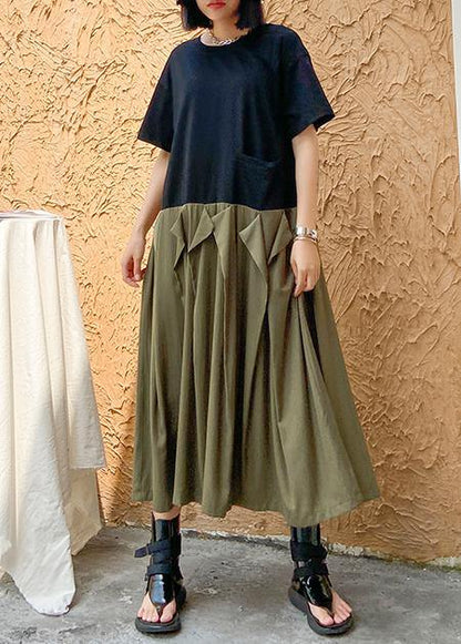 Style Army Green Cotton Clothes O Neck Patchwork Traveling Summer Dresses