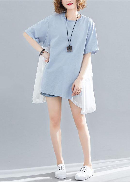 Style Asymmetric Hem Cotton Clothes for Photography Blue Patchwork Shirt Summer
