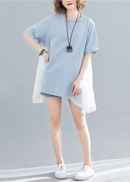 Style Asymmetric Hem Cotton Clothes for Photography Blue Patchwork Shirt Summer