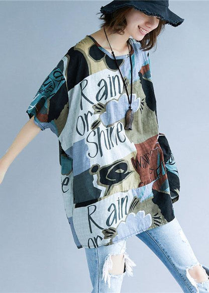 Style Asymmetric Prints Cotton Shirts O Neck Summer Tops