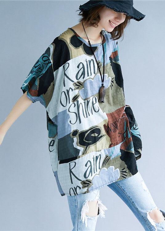Style Asymmetric Prints Cotton Shirts O Neck Summer Tops