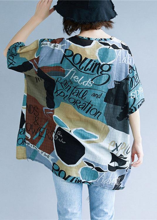 Style Asymmetric Prints Cotton Shirts O Neck Summer Tops
