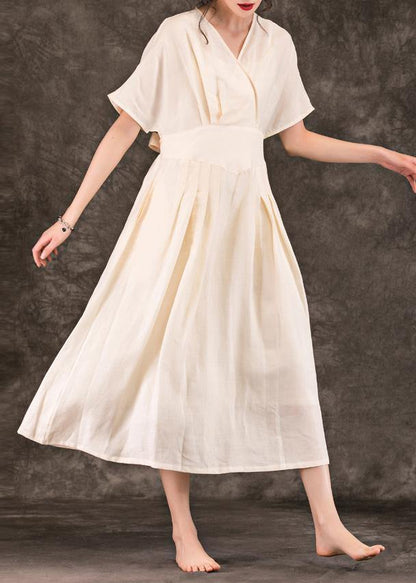 Style Beige Linen Robes V Neck Tie Waist Summer Dress