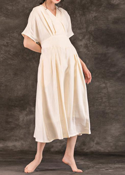 Style Beige Linen Robes V Neck Tie Waist Summer Dress