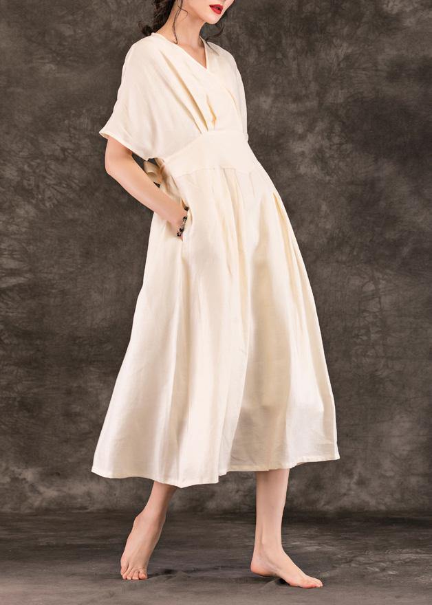 Style Beige Linen Robes V Neck Tie Waist Summer Dress