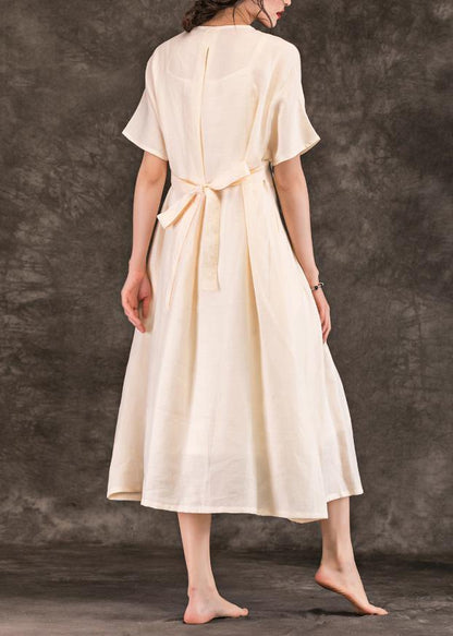 Style Beige Linen Robes V Neck Tie Waist Summer Dress