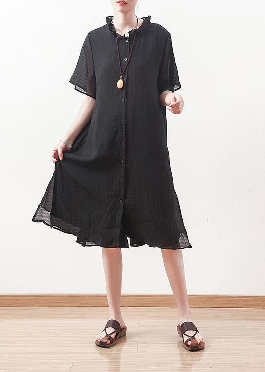 Style Black Chiffon Shirts Ruffles Collar Knee Summer Dresses