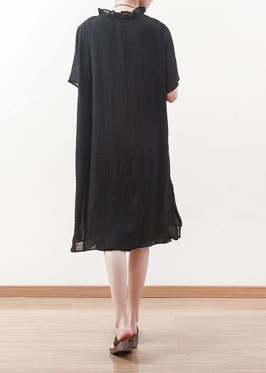 Style Black Chiffon Shirts Ruffles Collar Knee Summer Dresses