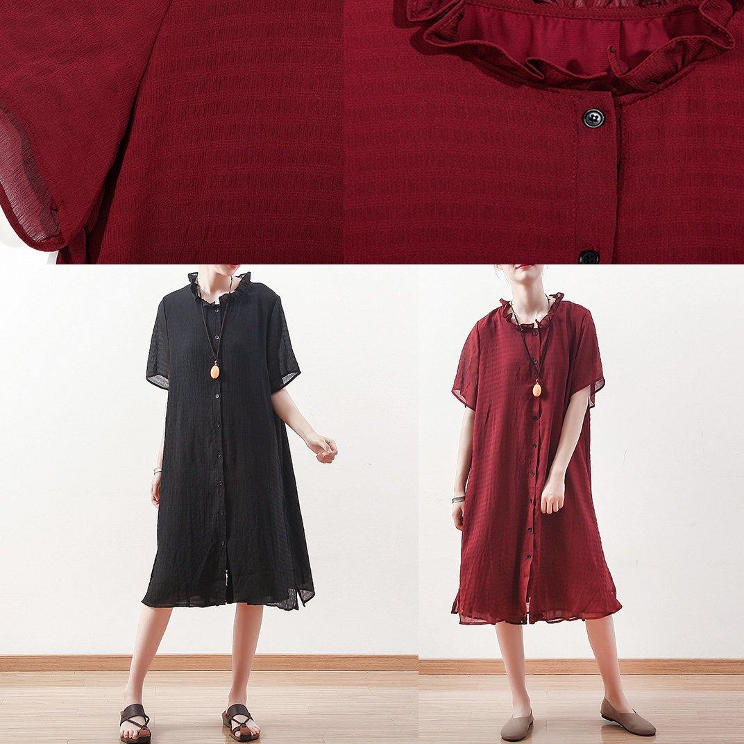 Style Black Chiffon Shirts Ruffles Collar Knee Summer Dresses