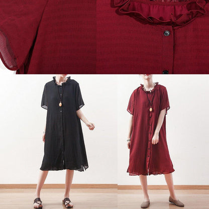 Style Black Chiffon Shirts Ruffles Collar Knee Summer Dresses