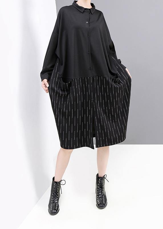Style Black Cotton Clothes Patchwork Loose Fall Shirt Dress
