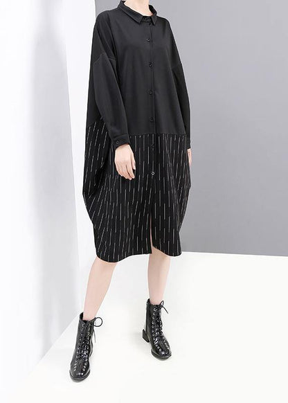 Style Black Cotton Clothes Patchwork Loose Fall Shirt Dress