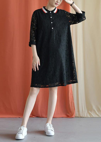 Style Black Cotton Clothes Lapel Lace Fall Dress