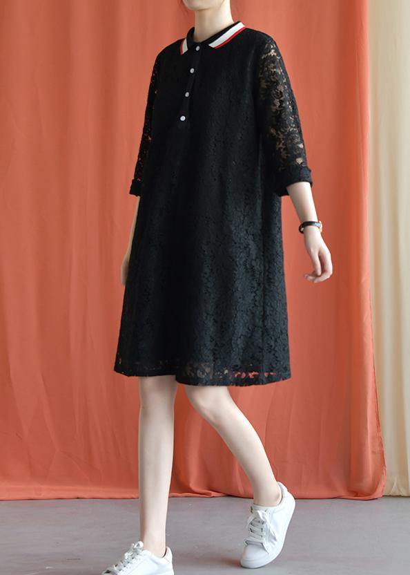 Style Black Cotton Clothes Lapel Lace Fall Dress