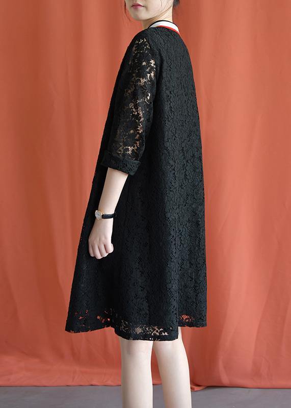 Style Black Cotton Clothes Lapel Lace Fall Dress
