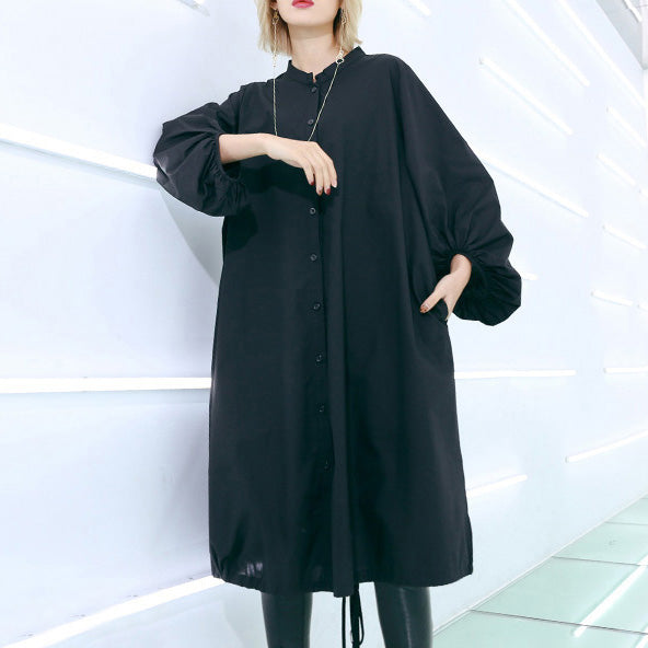 Style Black Cotton Dresses Outfits Drawstring Midi Dress