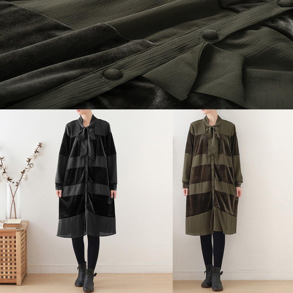 Style Black Cotton Quilting Clothes Patchwork Bow Art Fall Dress